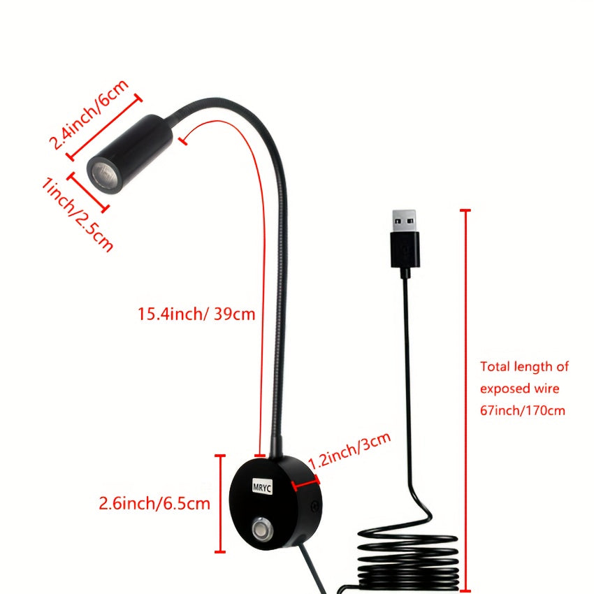 Reading light spotlight, wall-mounted lamp with flexible gooseneck, touch dimmable switch, three color modes, bedside night light suitable for bed, headboard, desk
