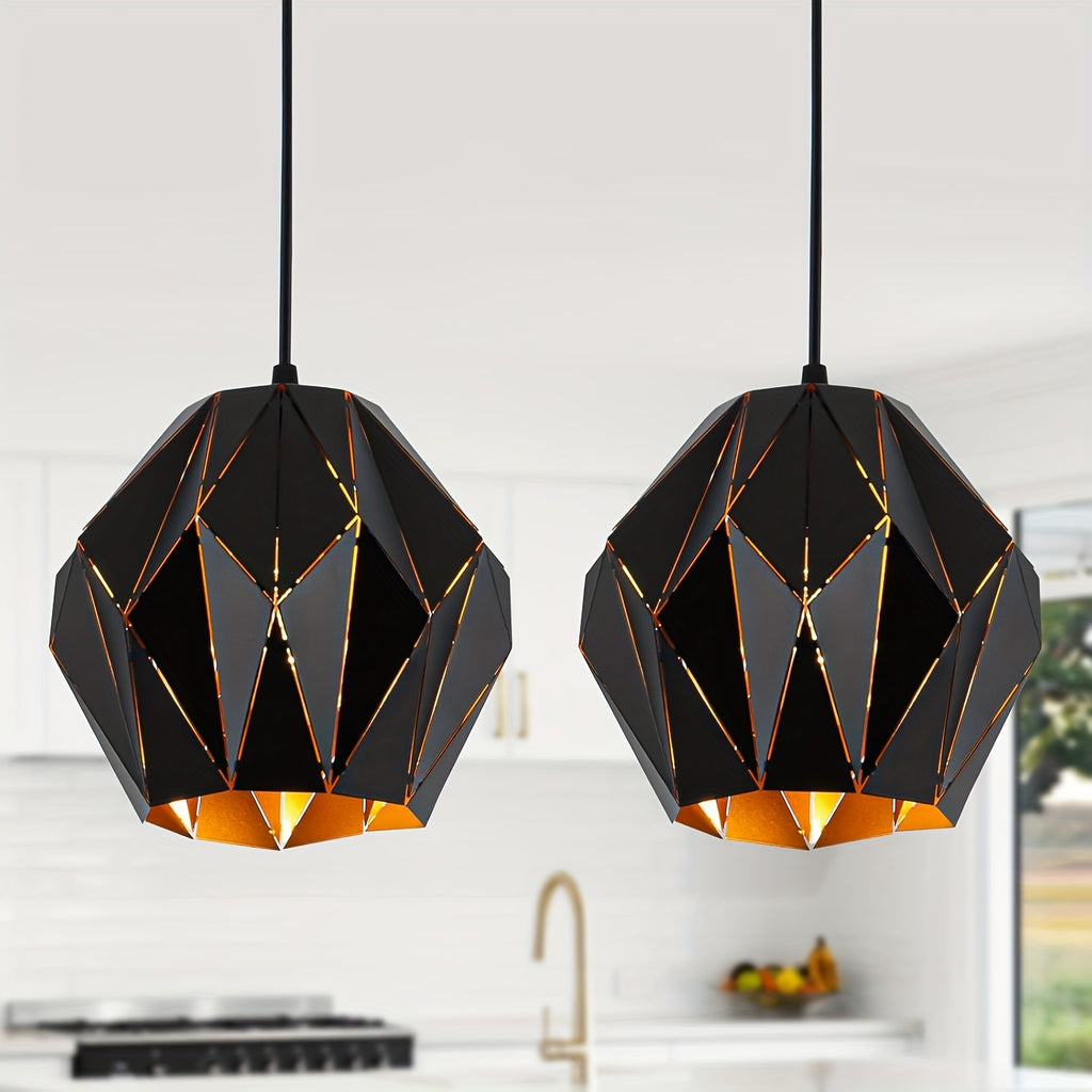 Vintage industrial black metal pendant light - height adjustable, geometric farmhouse ceiling light for kitchen island - bulb not included