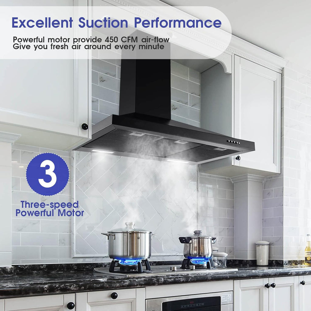 Wall-Mounted Chimney Style, Black Painted Ventilation Chimney, 3-Speed Exhaust Fan, LED Light, Push-Button Control, 450CFM Strong Suction, 3 Sizes [24", 30", 36"]
