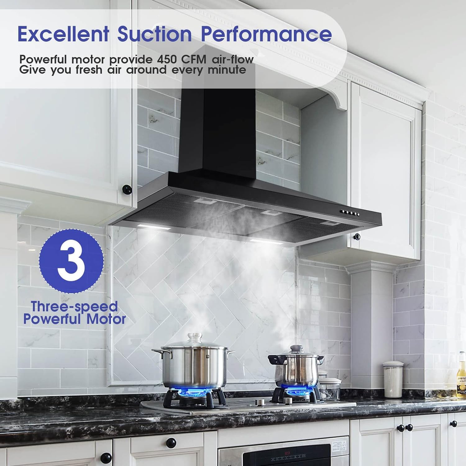 Wall-Mounted Chimney Style, Black Painted Ventilation Chimney, 3-Speed Exhaust Fan, LED Light, Push-Button Control, 450CFM Strong Suction, 3 Sizes [24", 30", 36"]