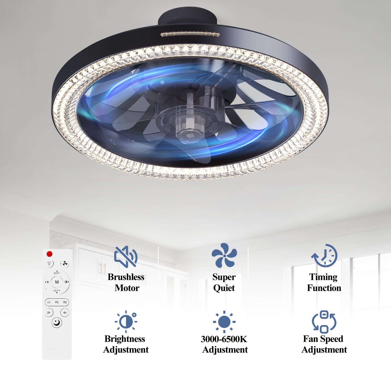 13" Smart Modern Ceiling Fan with Light and Remote, E26/E27 Base Easy Install Socket Fan Light, 3-Speed Adjustable, 3000-6500K Dimmable LED, for Bedroom, Kitchen, Living Room, Storage Room