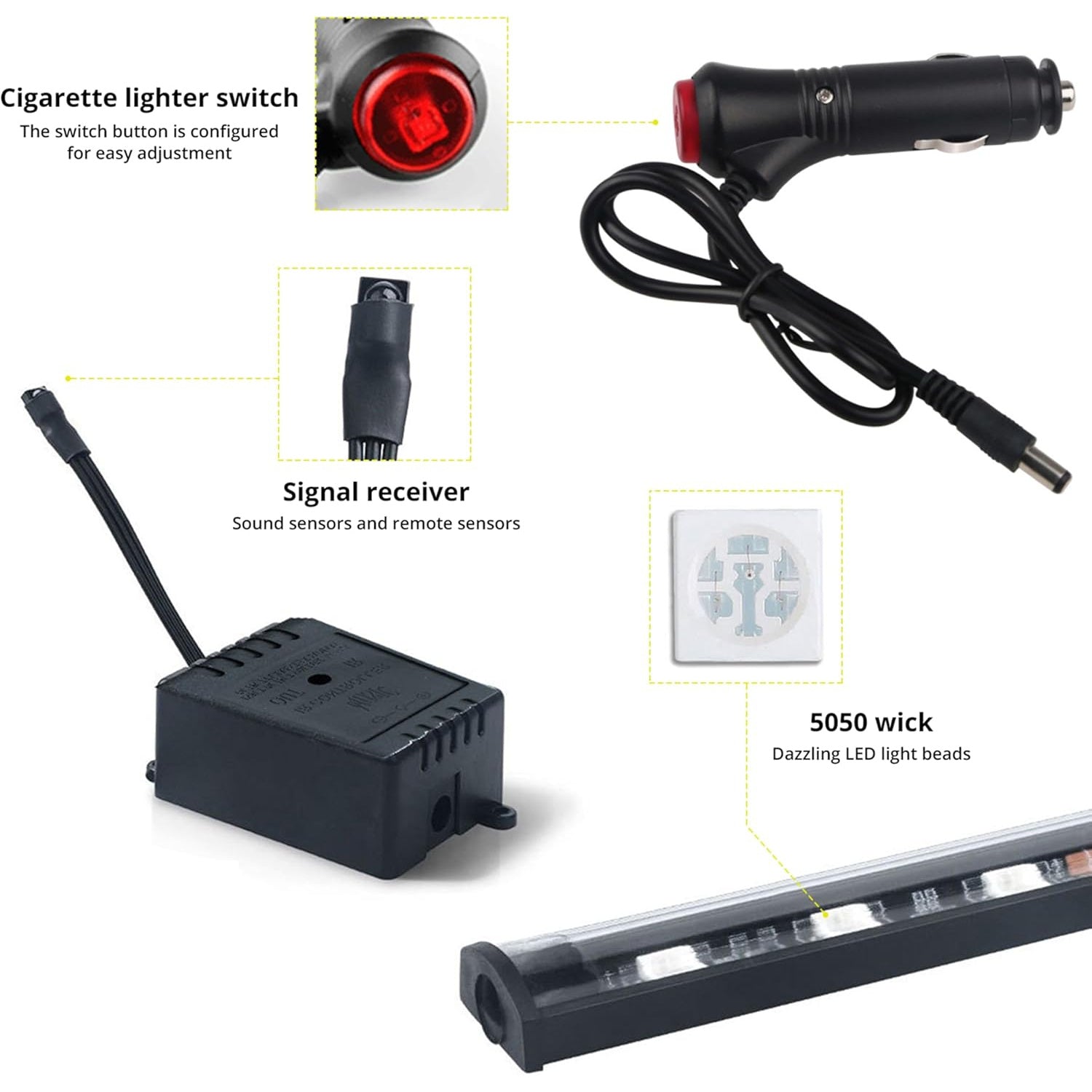 4合1 5050 SMD 48LED RGB 车内氛围灯条，适用于仪表盘下、脚部等区域，带车用插头和20键控制，适用于汽车、卡车、ATV、UTV、房车