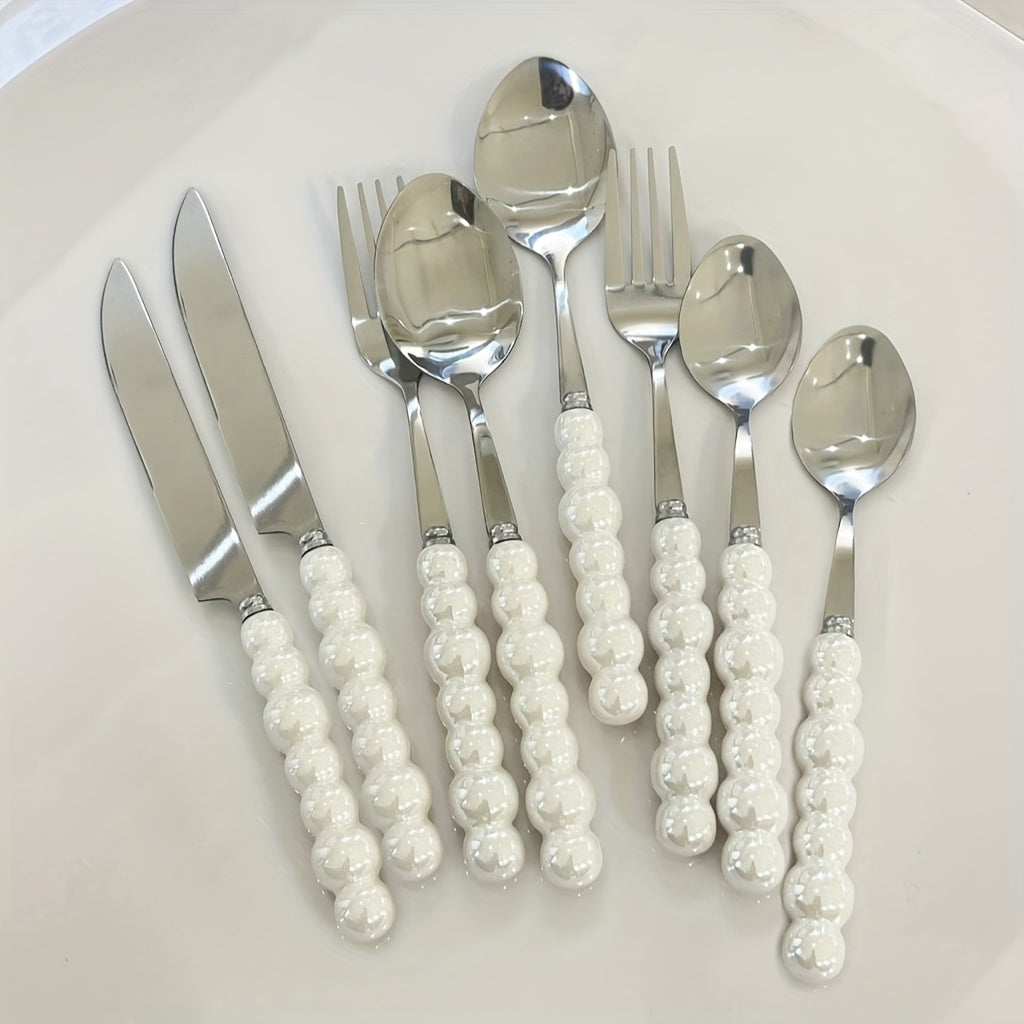 8/12/16Pcs Ceramic Handle Cutlery Set, Stainless Steel Knife Fork Spoon Set, Novel Creative Pearl-Shaped Handle Fork, Soup Spoon, Rice Spoon, Perfect for Restaurant & Home Dining, Kitchen Supplies, Kitchen Accessories, Kitchen Utensil Set