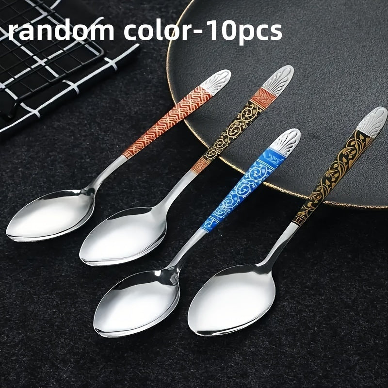 10-Piece Set Multi-Color Stainless Steel Retro Printed Soup Spoon – Elegant Cutlery Set, Sturdy & Durable, Easy to Clean, Simple Milk Spoon, Modern Stirring Spoon, Reusable Spoons