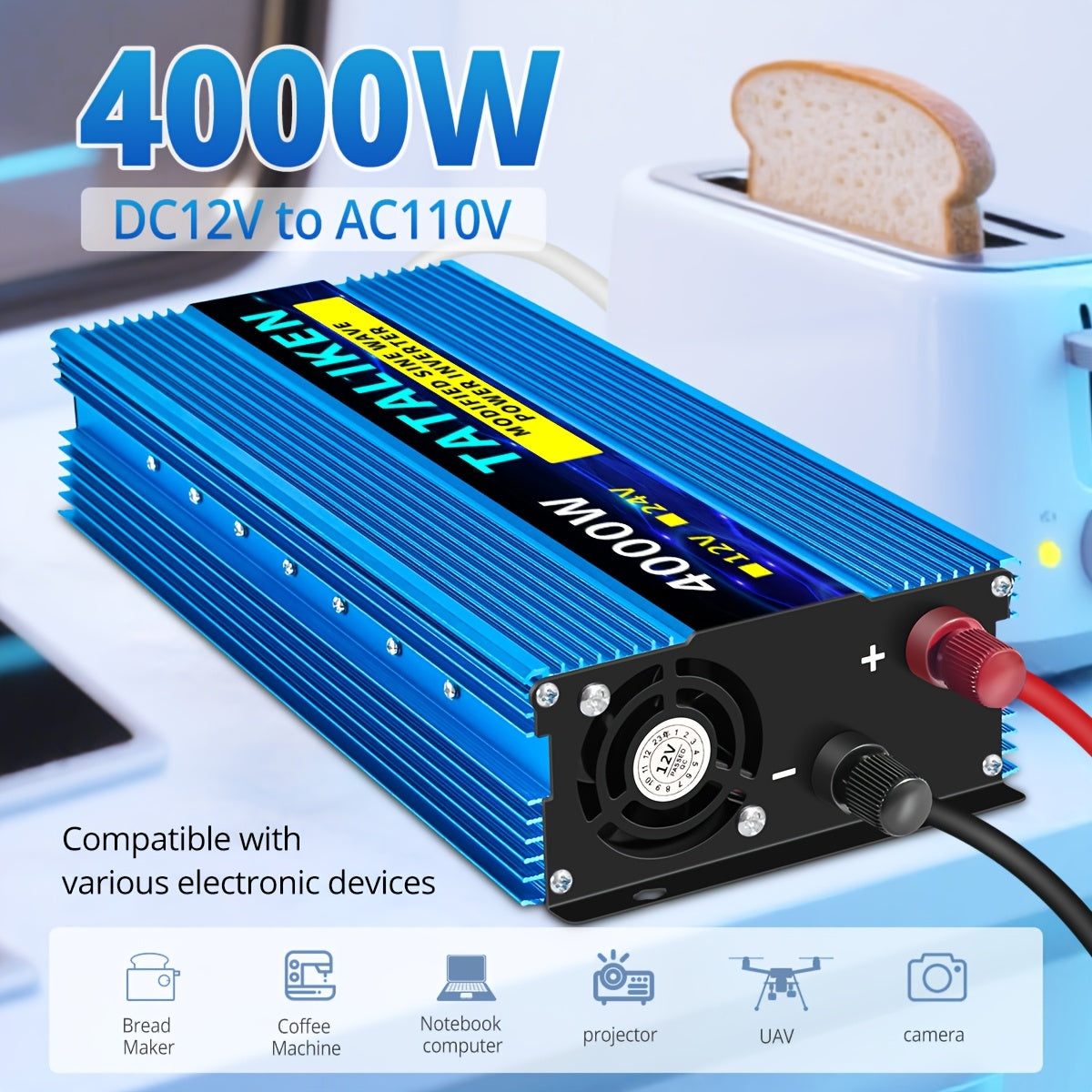 TATALIKEN 电源逆变器3000W/4000W(峰值功率), DC12V转AC110V, 家用备用电源逆变器/低噪音适用于车载, 汽车、房车、卡车以及电子设备，不带电池