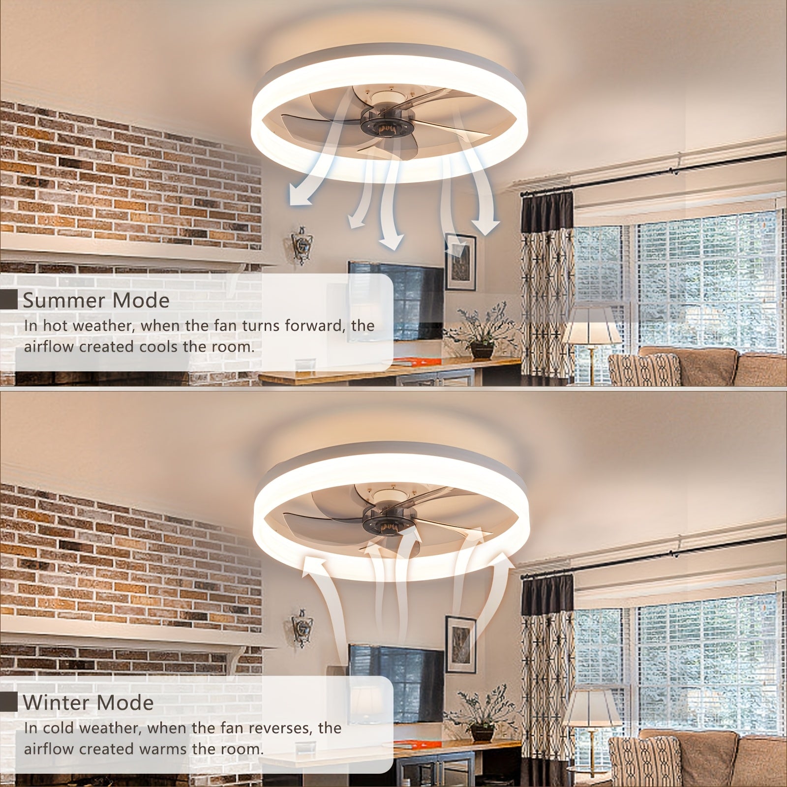 Ceiling Fan with Light & Remote, 19.7" Modern Low-Profile Ceiling Fan, Gradient Color Temperature & 6 Speeds, Flush Mount Ceiling Fan for Bedroom Kids Room (White)