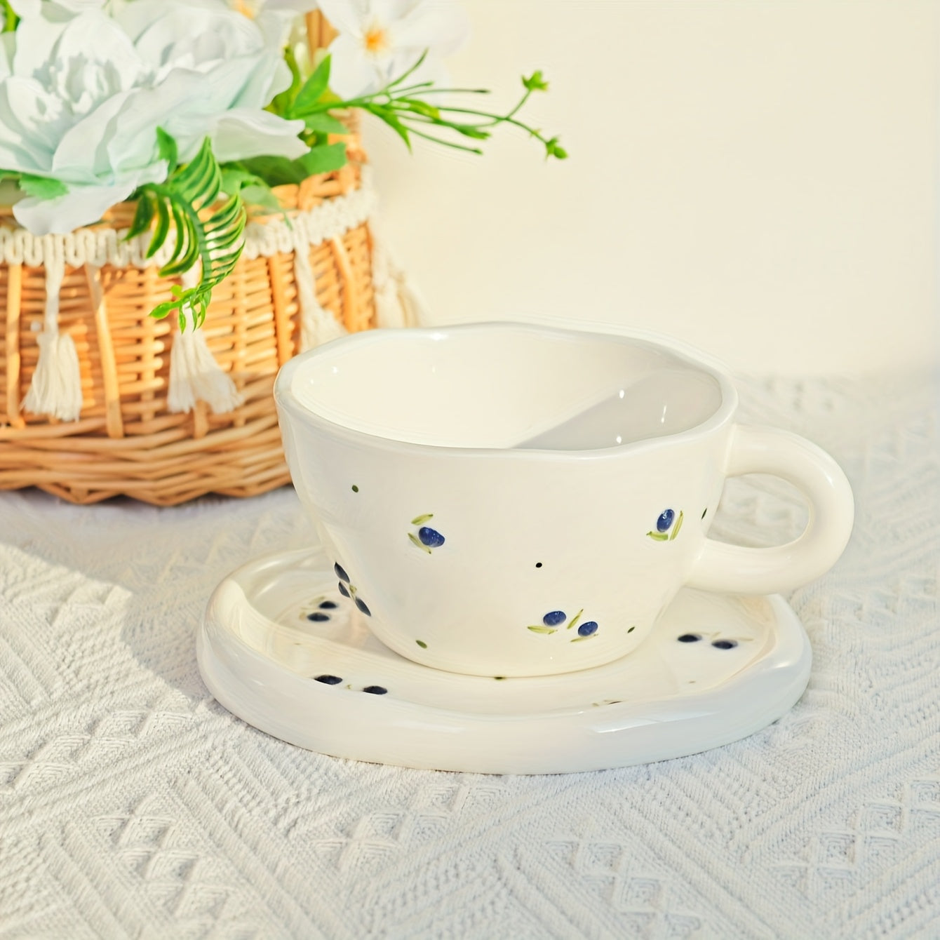 1 Set Creative Simple Hand-Pinched Hand-Painted 3D Relief Cherry Blueberry Lemon Ceramic Coffee Cup & Saucer for Home Use
