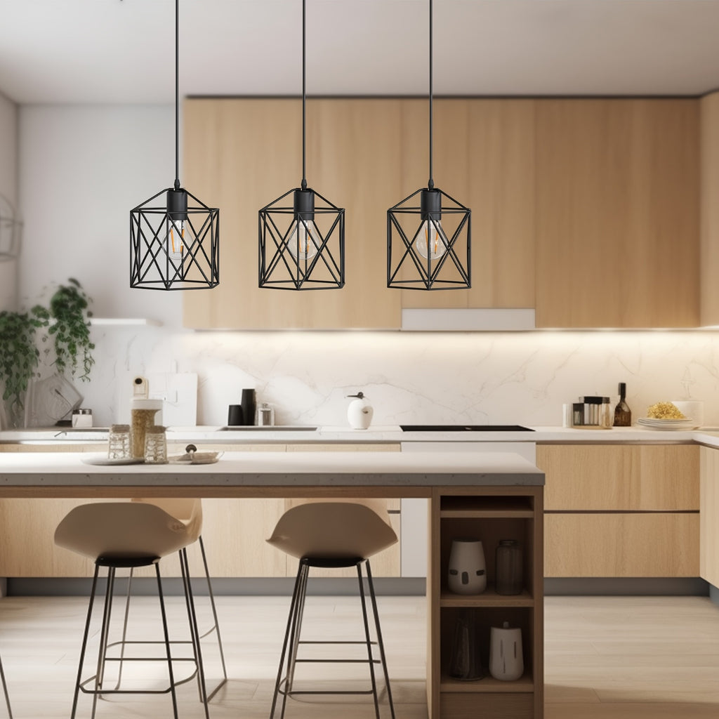 3-Light industrial pendant light, height adjustable up to 43.3 inches chandelier, black metal geometric cage pendant light, ceiling lighting fixture, suitable for dining room, kitchen island, living room or bedroom, restaurant, hotel, home decoration