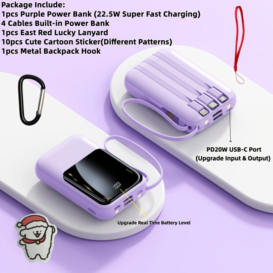 10000mAh Mini Cute 5W/15W/22.5W Super Fast Charging Multifunctional Power Bank, Large Capacity Rechargeable Portable Mobile Phone Charger, Built-in 4 Cables, Ultra-bright LED Lights, Outdoor Travel Battery Packs, Smart Digital Display, Micro & Type-C
