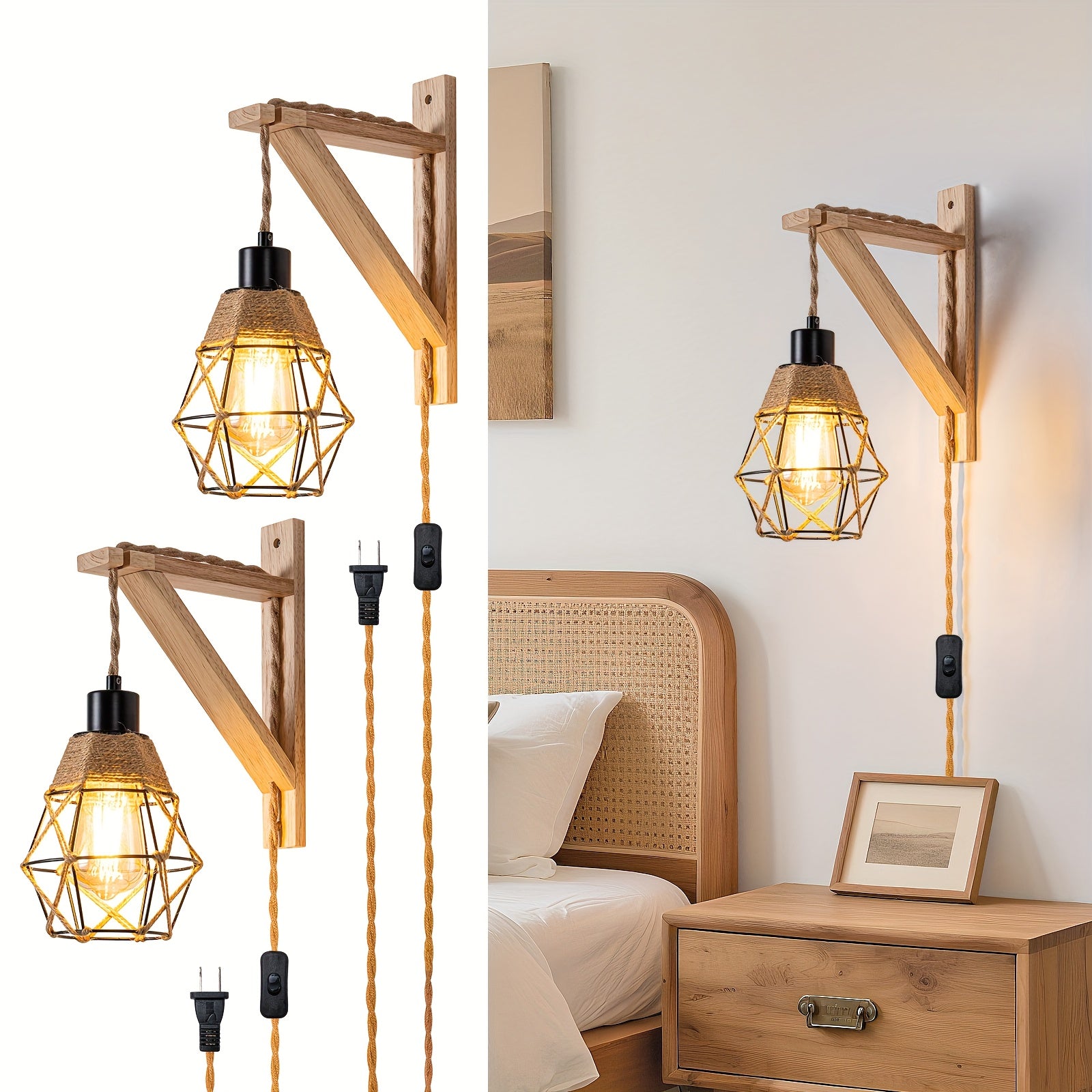Plug-In Wall Light (Two-Piece or One-Piece), Farmhouse Pendant Light That Plugs into Wall Outlet, Rustic Metal Cage Wall Light with Wood Bracket (Suitable for Bedroom, Living Room Headboard), Rustic Wall Light