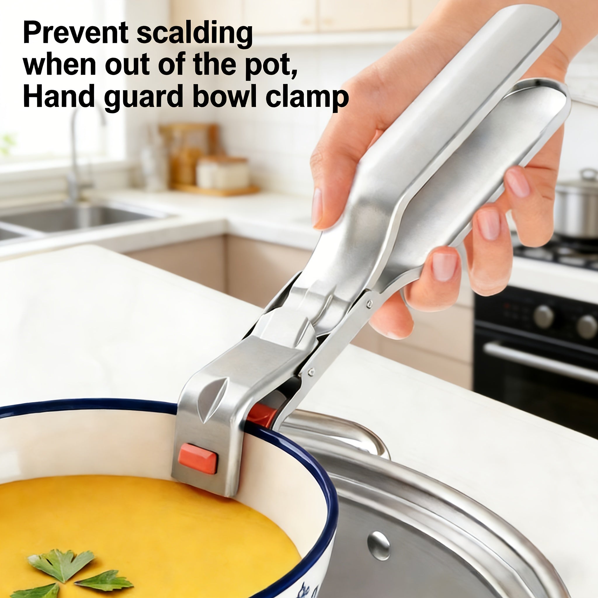 Stainless Steel Heat-Resistant Clip – Kitchen Bowl Tongs, Steamer Basket Clip – Heat-Resistant Kitchen Tool for Safely Lifting Hot Bowls, Plates & Cookware, for Air Fryer, Steamer, Oven – Ergonomic Handle, Practical Kitchen Gadget
