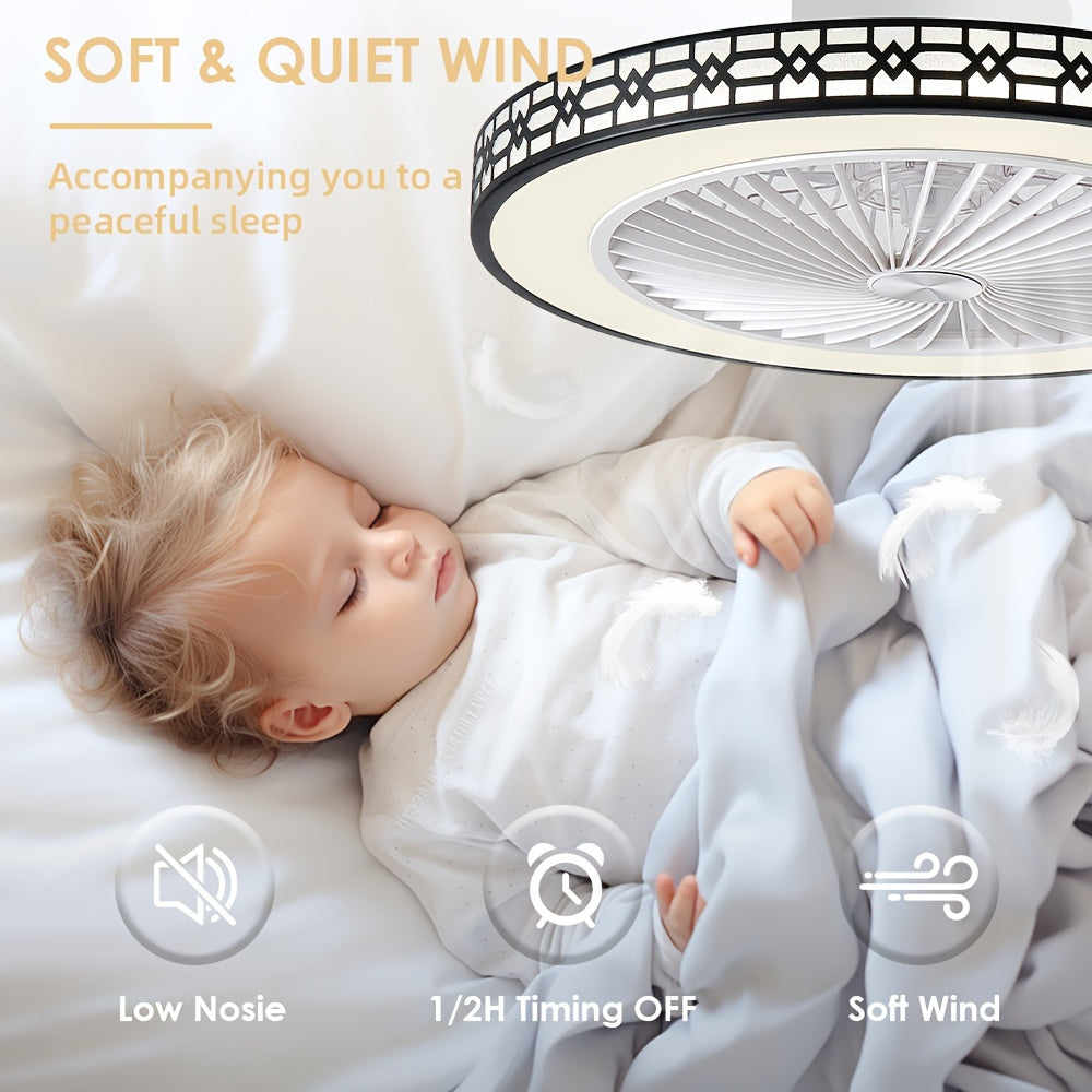 20 Inch Bladeless Ceiling Fan, Flush Mount Ceiling Fan, Low Profile Ceiling Fan, Reversible Dimmable Ceiling Fan, Silent Ceiling Fan, LED Stepless Dimming, 3 Color Temperature Adjustable and 4 Speed Levels
