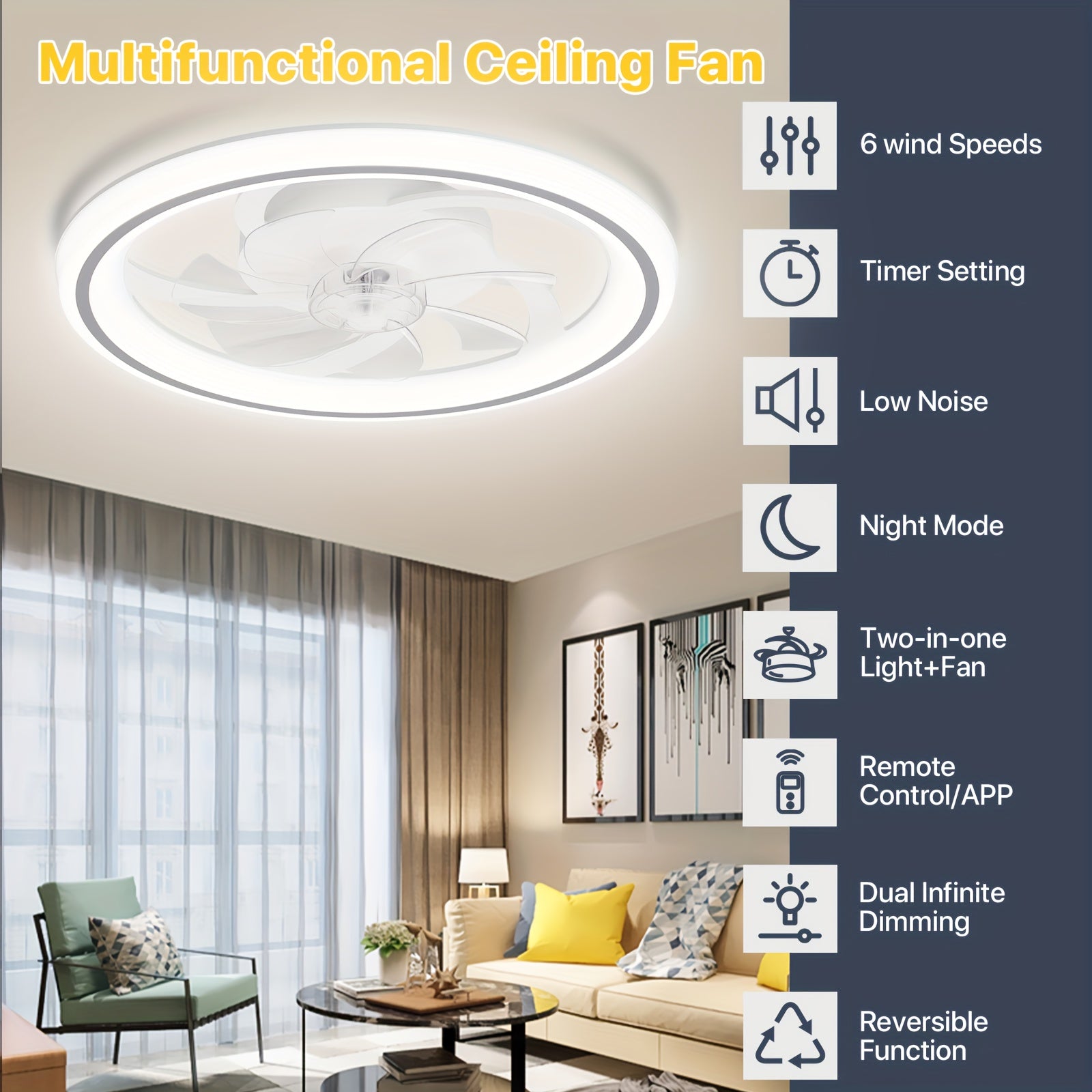 20 Inch Modern Dimmable LED Ceiling Fan Light, APP & Remote Control, 3 Color Temperatures, 6 Speed Levels, Flush Mount Design for Bedroom, Night Mode, Timer Function, Wireless Control, Polished Finish, Bedroom Ceiling Fan, Modern Lighting