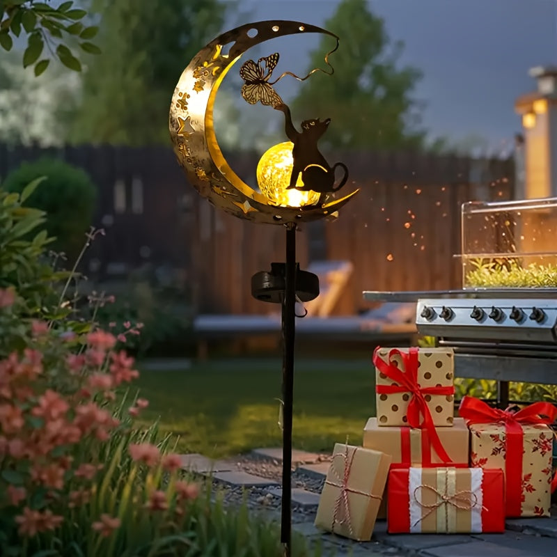 IP65 Solar Cat and Butterfly Outdoor Decorative Light, Solar Garden Metal Decorative Light, Solar Light Holiday Outdoor Display Lighting, Solar Garden Light, Solar Landscape Decoration, Suitable for Garden, Courtyard, Path, Gazebo