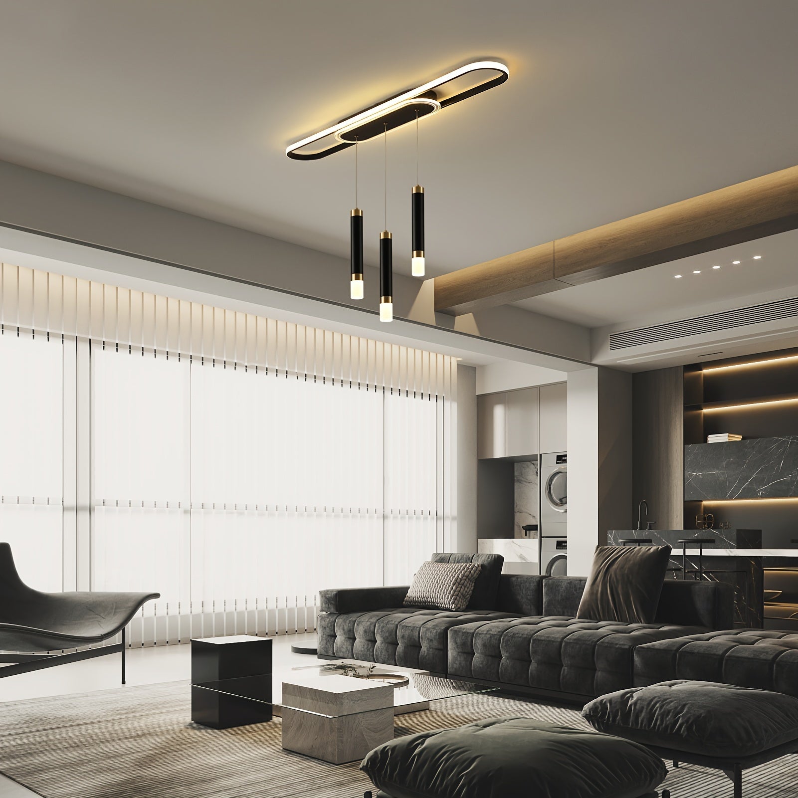 Qcyuui modern LED pendant light, adjustable acrylic 3-light modern pendant light, with remote control, indoor dining room lighting fixture, suitable for kitchen island, living room, dining room, office (black)