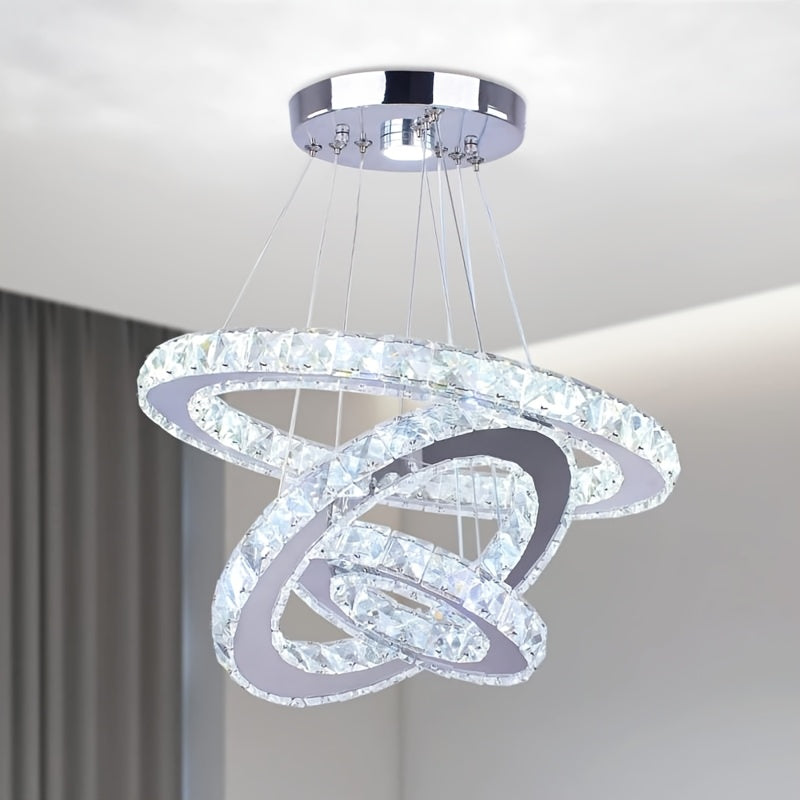 Modern LED Chandelier Crystal Pendant Light 3-Ring Round Pendant Light Adjustable Stainless Steel Ceiling Fixture, Suitable for Living Room, Dining Room, Bedroom