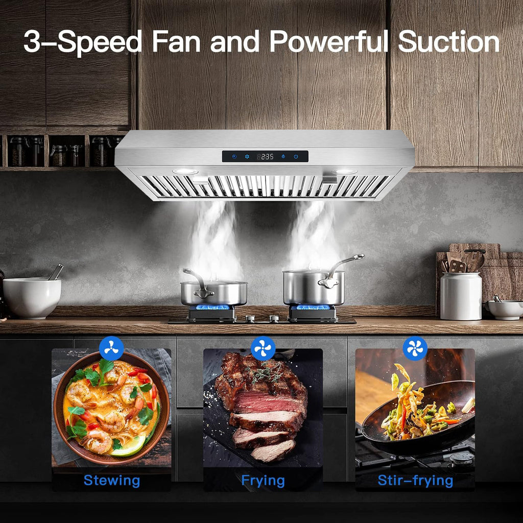 30-Inch Under-Cabinet Range Hood, 3-Way Exhaust, Silver Stainless Steel Construction with Baffle Filter, Kitchen Ventilator, Under-Cabinet Design, 3-Speed Exhaust Fan, Touch Control