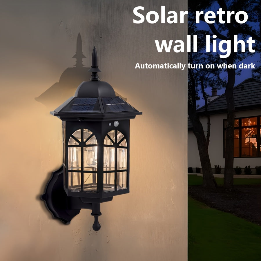 1-Pack Solar Outdoor Wall Light, Vintage European Medieval Style, Silicon Solar Panel, 1200mAh Lithium Battery, Motion Human Body Induction, 3 Modes, Semi-Flush Mount (Removable), Plastic Lampshade, Automatic Lighting