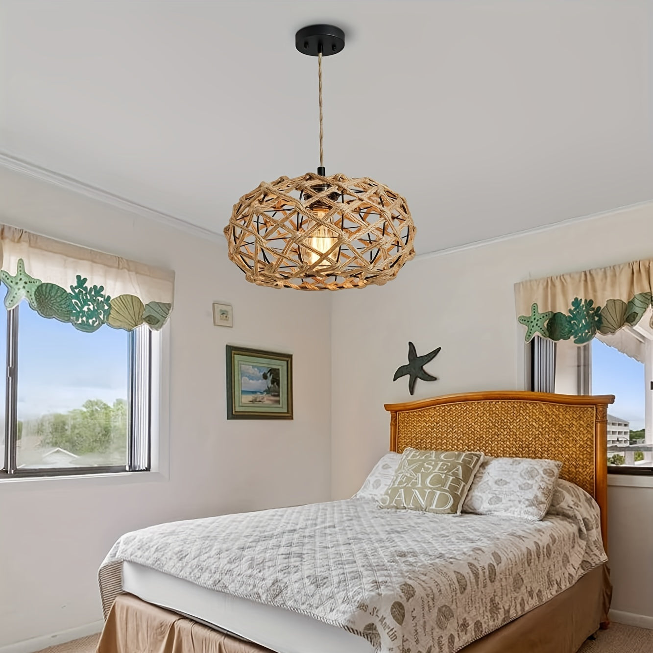 Handwoven Rattan Pendant Light with Jute Rope Woven Shade – Bohemian Rustic Rattan Hanging Lamp, Adjustable Hanging Rope and E26 Socket (Bulb Sold Separately), Suitable for Coastal Farmhouse Bohemian Style Ceiling Light Fixture