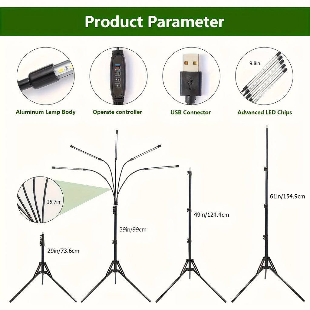 Indoor Plant Grow Light, 4/5/6-Head Full Spectrum USB Plant Lamp, Adjustable Tripod Stand, Auto On Off Timing Function