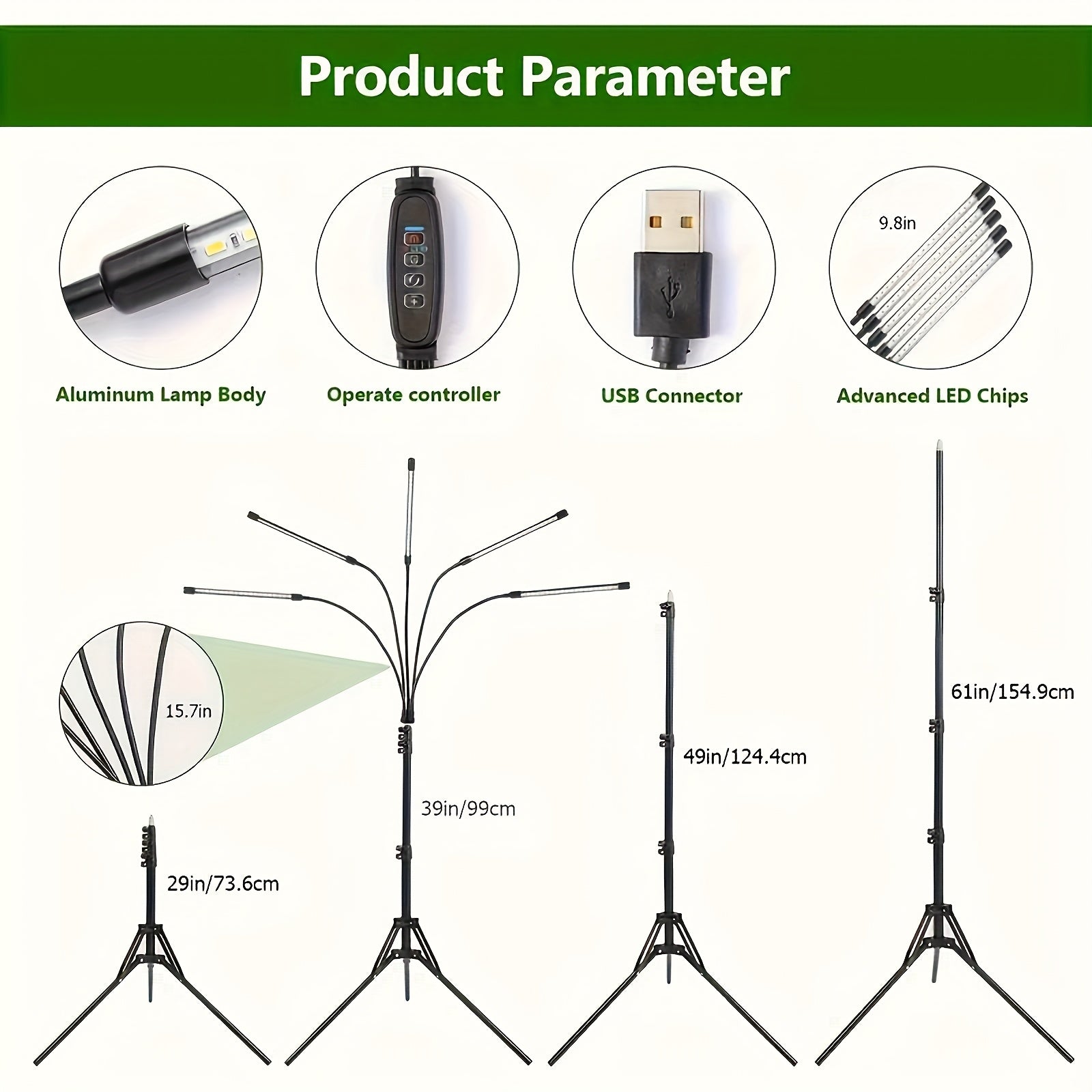 Indoor Plant Grow Light, 4/5/6-Head Full Spectrum USB Plant Lamp, Adjustable Tripod Stand, Auto On Off Timing Function