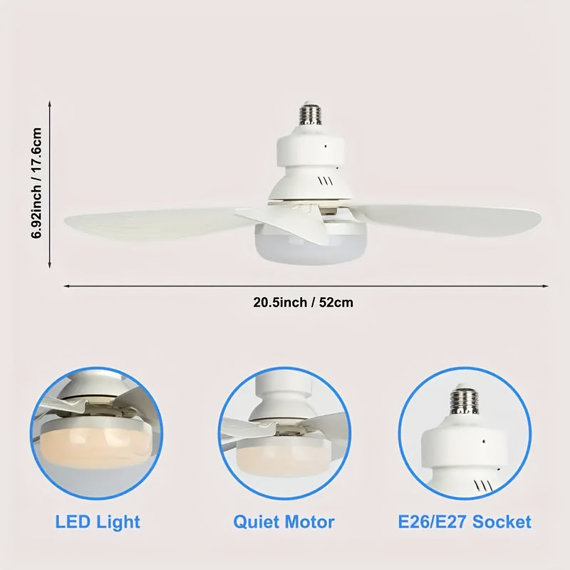 1-Pack Socket Fan Light, Screw Mount Flush Ceiling Fan with Light and Remote, E26/E27 Easy Install Ceiling Fan, Small Base Replacement Fan Bulb, Dimmable Socket Ceiling Fan Light, Fan with Light for Bedroom Kitchen Living Room