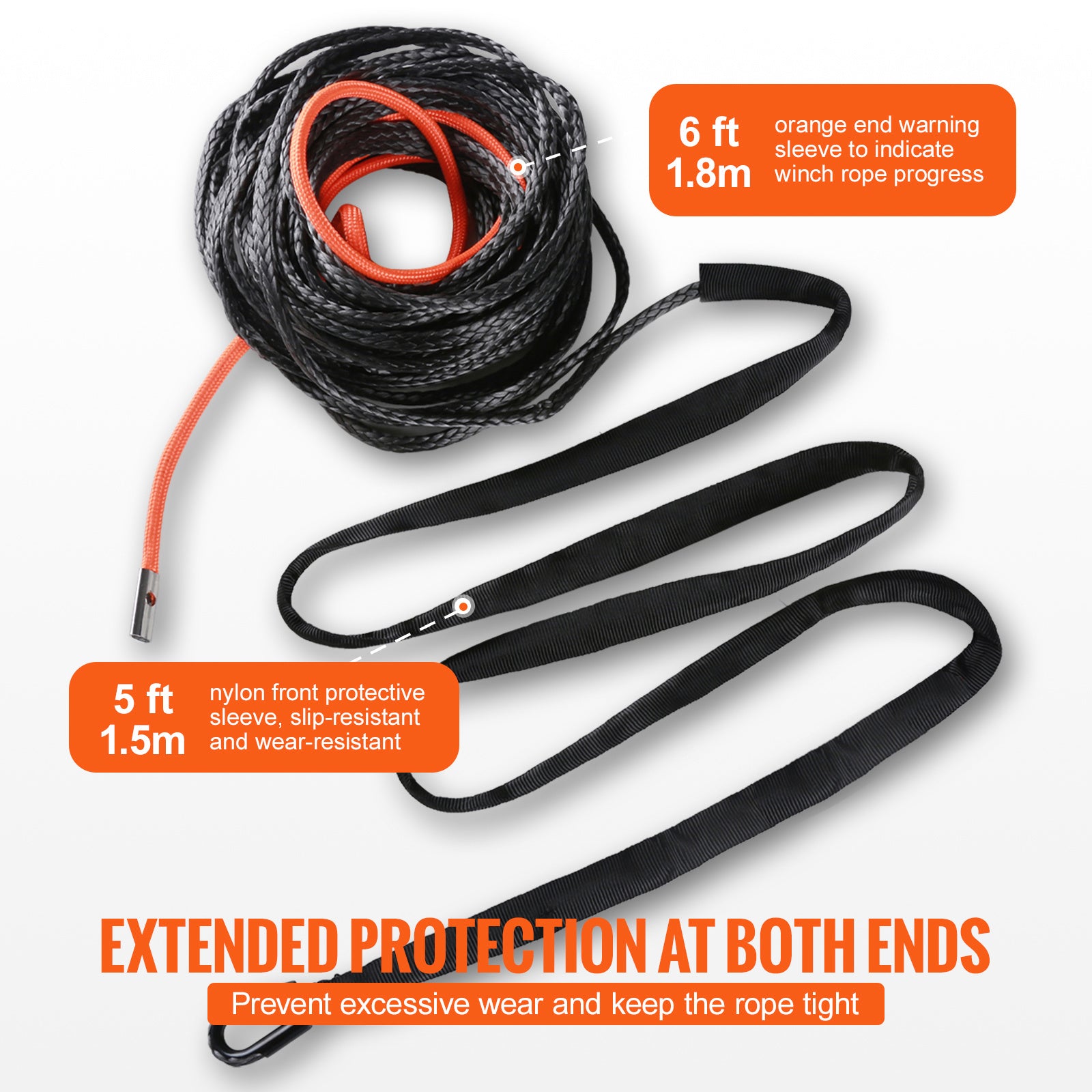 VEVOR Synthetic Winch Rope, 3/16″ / 3/8″ / 1/2″ x 50ft / 85ft / 92ft / 100ft 8,350lbs Synthetic Winch Cable Rope with Protective Sleeve + Stopper + Forged Winch Hook + Pull Strap, Universal for ATV, UTV, Vehicle Trailer