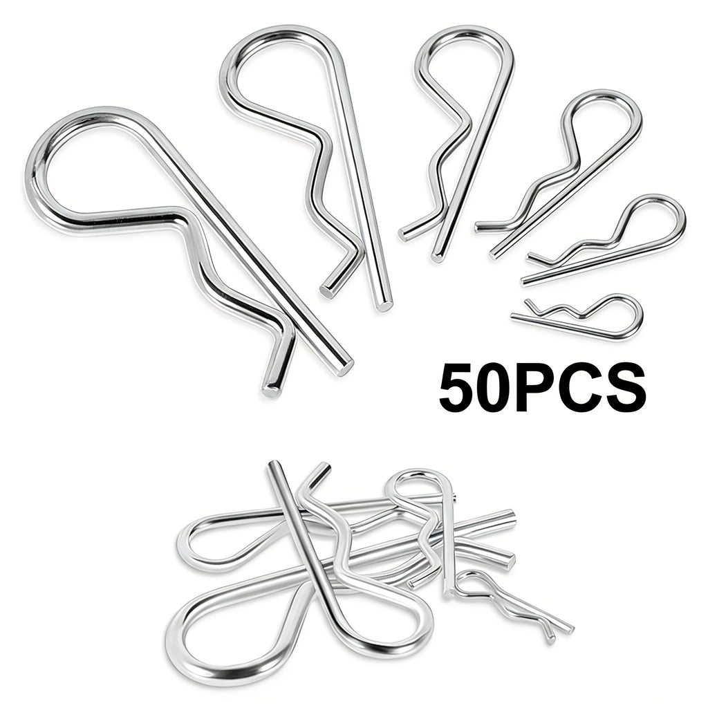 50PCS R-Clip Cotter Pin Assortment Kit – Heavy Duty R-Type Spring Fasteners, 6 Sizes Hardware Pins for Trailer Locking Pin, Trailer Clips, Lawn Mower, Truck, Mechanic‘s First Choice