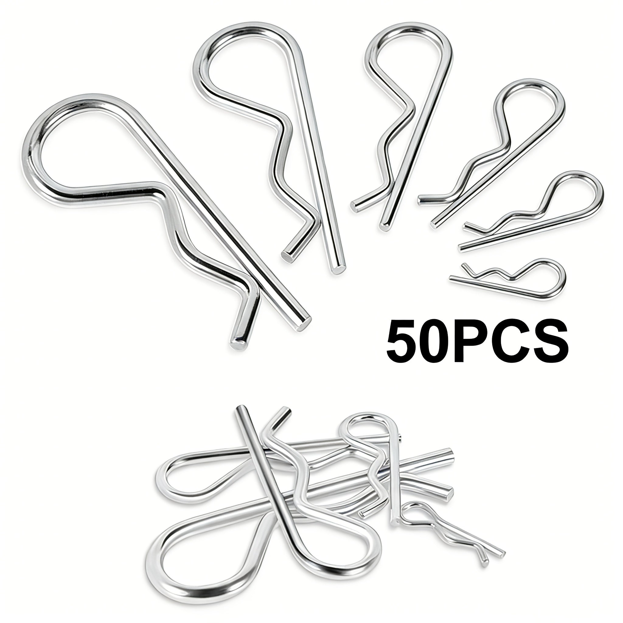 50PCS R-Clip Cotter Pin Assortment Kit – Heavy Duty R-Type Spring Fasteners, 6 Sizes Hardware Pins for Trailer Locking Pin, Trailer Clips, Lawn Mower, Truck, Mechanic‘s First Choice