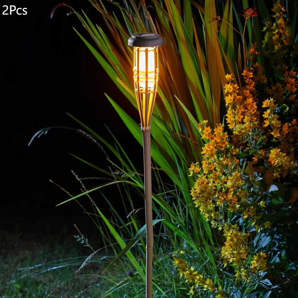 Solar Bamboo Craft Lawn Light, Warm Cozy Light, Flickering Flame Effect, Outdoor Lighting, Bamboo Ground Insert Torch Light, for Courtyard, Garden Path, Landscape Decoration