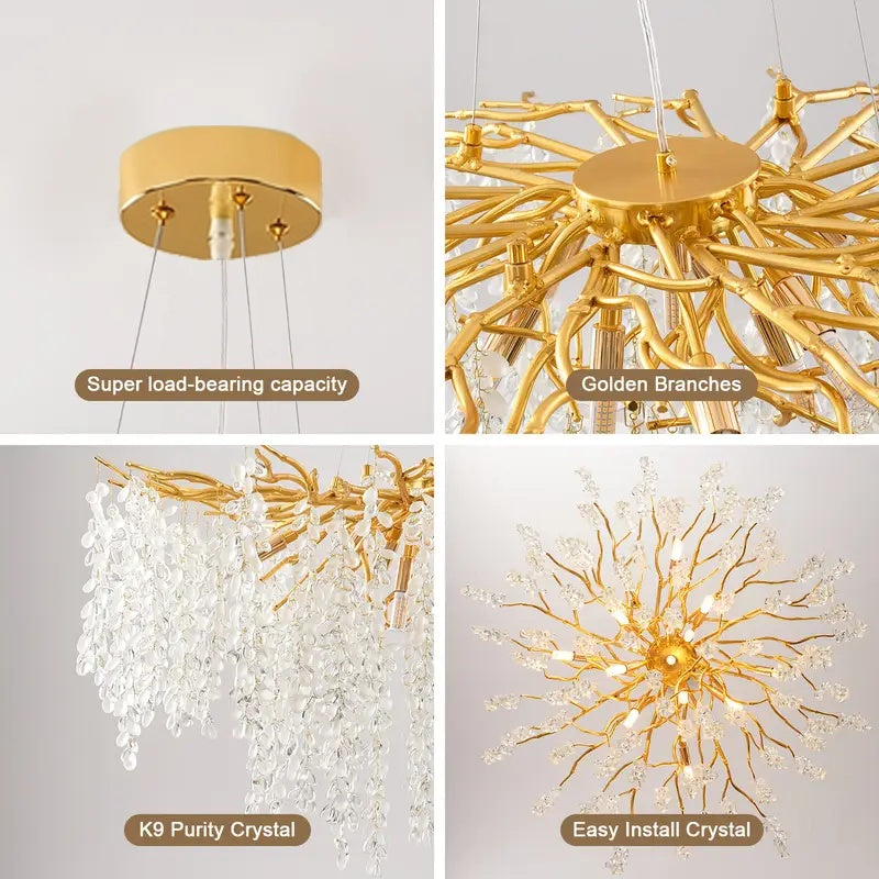 1 piece modern branch-shaped round crystal chandelier, gold handcrafted aluminum branch design, semi-flush mount installation, compatible with G9 bulbs (bulbs not included), suitable for dining room, living room, bedroom, villa