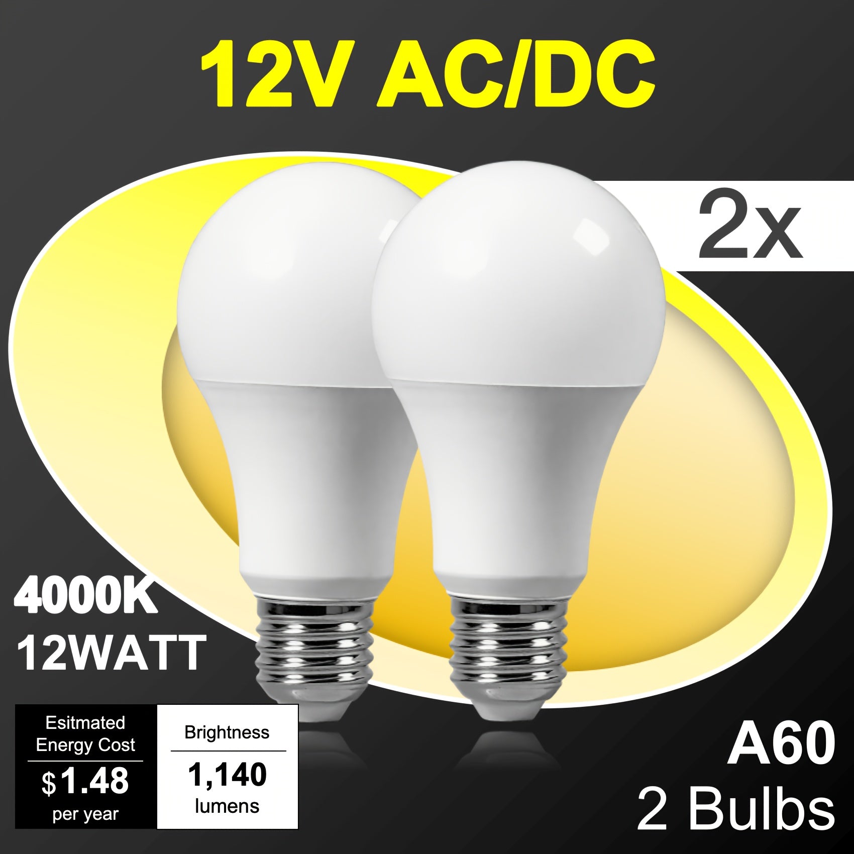 2-pack 12V low voltage LED tube, AC/DC dual-use, suitable for battery packs, generators, E27 screw base, shatterproof tube, high brightness (6500K/bright white, 4000K/daylight white, 3000K/warm white)