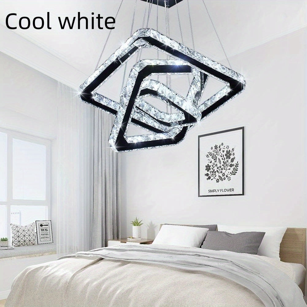 Modern Square Ring Crystal Chandelier, Height Adjustable Ceiling Light (Cool White Light)