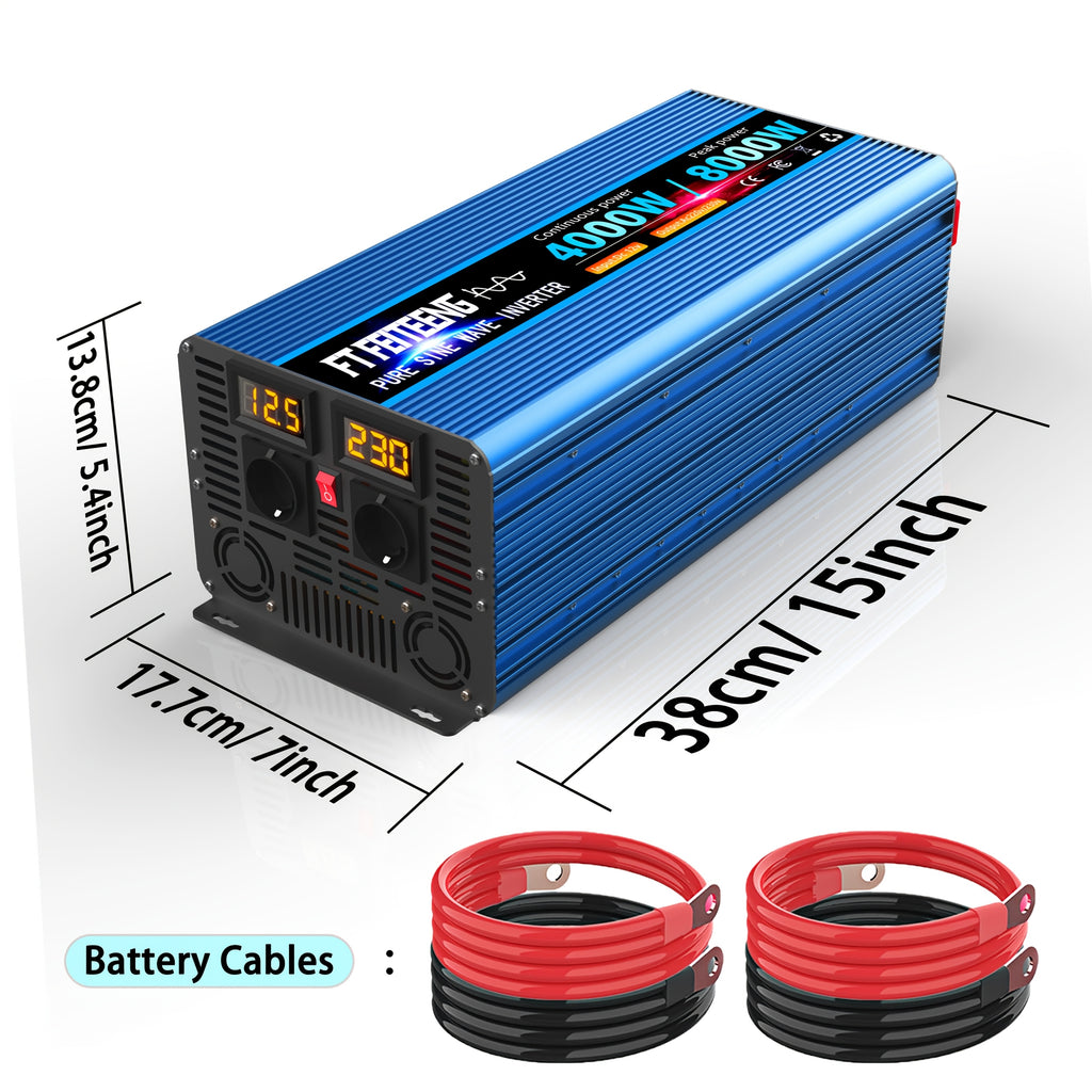 8000W峰值4000W持续高功率纯正弦波车载电源逆变器， 12V 转 AC 220V230V，高功率工业逆变器，适用于房车、户外露营、空调，带过载保护，无电池，适合手机、笔记本电脑及其他设备