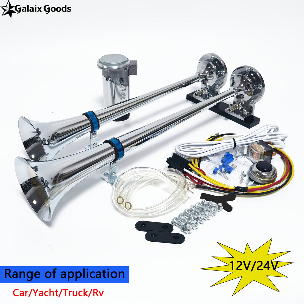 Silver 17-Inch Dual Trumpet Air Horn Set 12/24V Air Horn Zinc Alloy Marine Horn, Suitable for Boats, Sailboats, Yachts, Trucks, SUVs, RVs and More