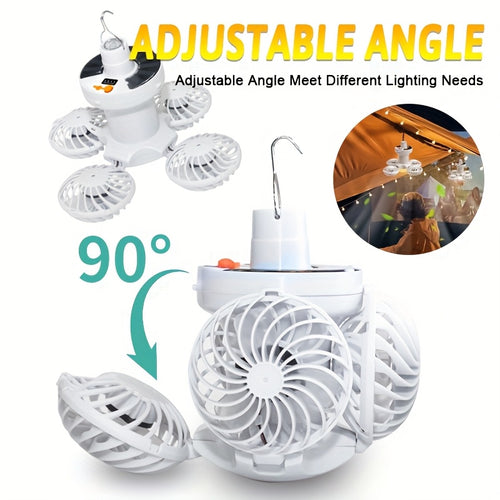 1Pc Solar & USB Rechargeable Tent Light, Portable LED Fan Light, 3 Modes Outdoor Camping Lantern, Emergency Work Light with Hook, Power Indicator, Foldable Emergency Flashlight, Ideal for Fishing, Hiking, BBQ and Outdoor Lighting