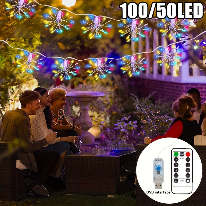 50LED/100LED USB供电烟花灯串，遥控户外花园装饰挂灯，8种灯光模式，IPX4级，完美圣诞、新年、婚礼、派对氛围灯——适用于庭院、花园、景观装饰