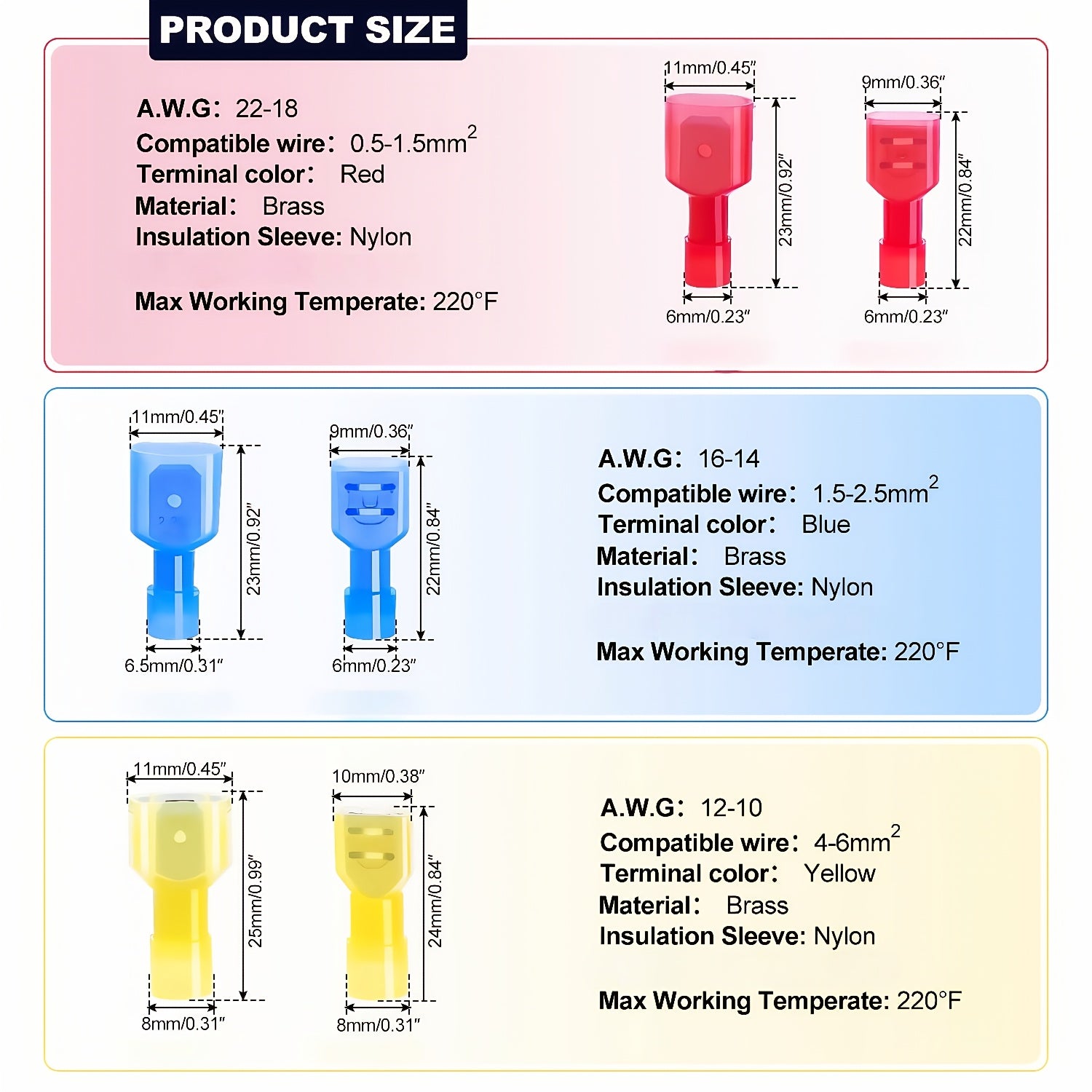 100/80/60pcs Nylon Spade Electrical Wire Connectors | 22-10 AWG Fully Insulated Terminals, Male & Female Crimp Connector Kit for Speaker Car Stereo Wiring, Industrial Quick Connect/Disconnect Wire Assortment, Red Blue Yellow Color
