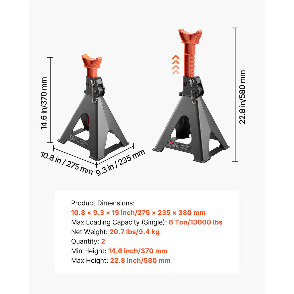 VEVOR Air Jack, 6 Ton (13,000 lbs) Capacity, 14.6-22.8 Inch Adjustable Height, Heavy Duty Steel Jack Stands with Dual Locking, for Lifting RVs, Light Trucks, Cars, SUVs, 1 Pair, Black & Orange