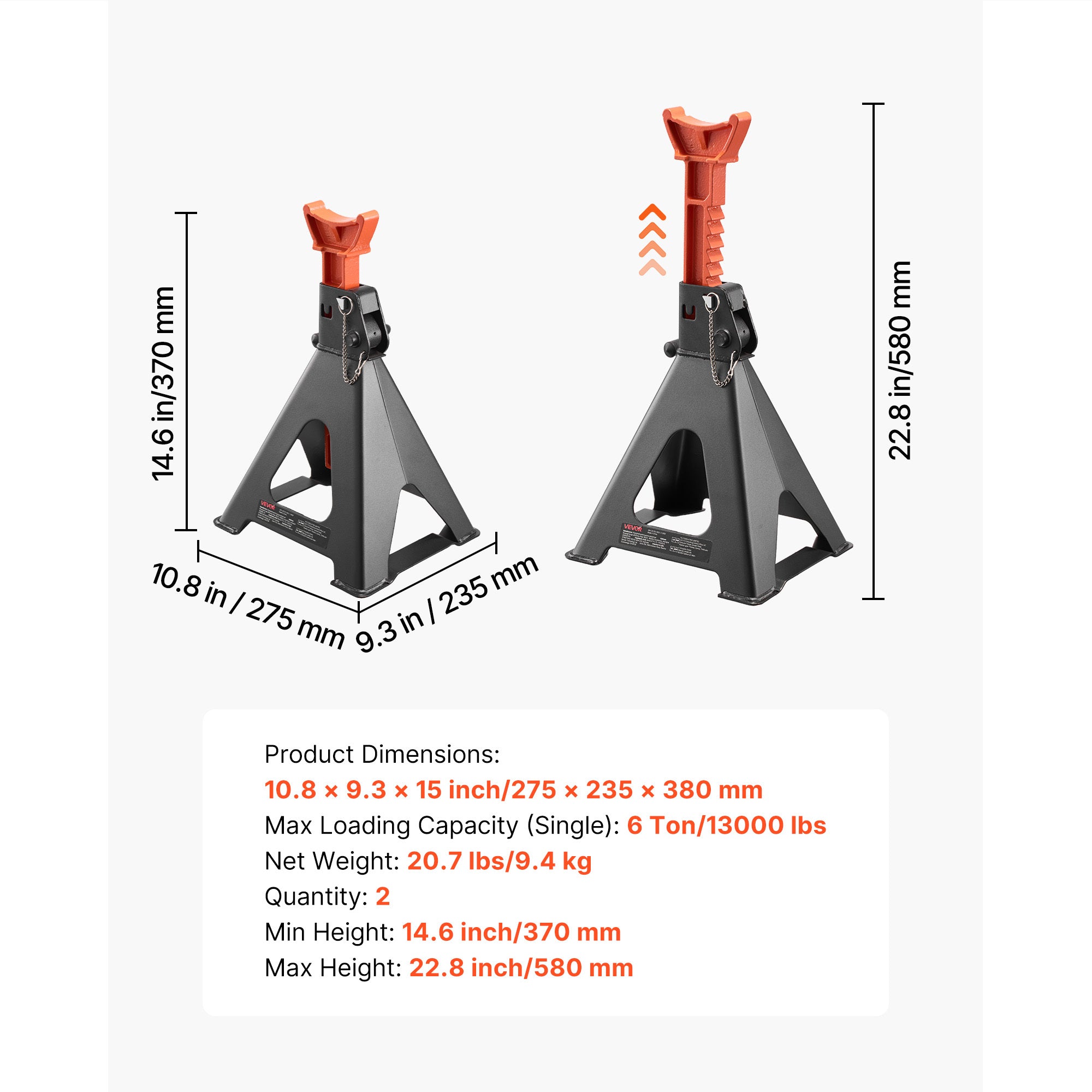 VEVOR Air Jack, 6 Ton (13,000 Lbs) Capacity, 14.6-22.8 Inch Adjustable Height, Heavy Duty Steel Air Jack Car Stand with Double Locking, for Lifting RVs, Small Trucks, Cars, SUVs, 1 Pair, Black & Orange