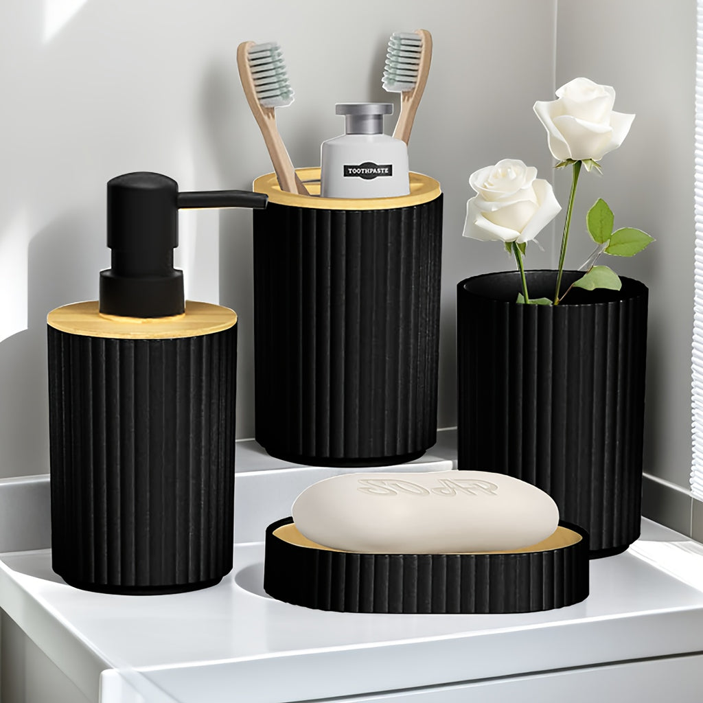 4-Piece Bathroom Accessory Set - Countertop Hand Soap Bottle, Toothbrush Holder, Soap Dish, Bathroom Storage Organizer & Stand