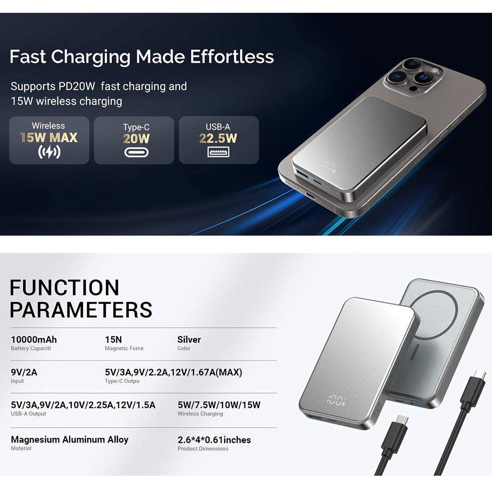 磁吸無線充電寶 10000毫安超薄快充移動電源 帶LED顯示屏 適用於iPhone 17/16系列及其他Qi相容手機
