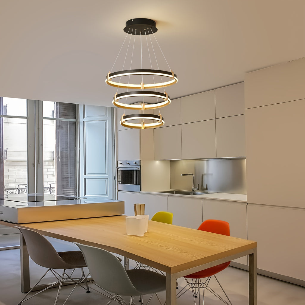 Modern LED pendant light, 90W dimmable modern LED black pendant light, 3-ring acrylic hanging pendant lighting fixture, kitchen island, dining room, living room, bedroom, foyer