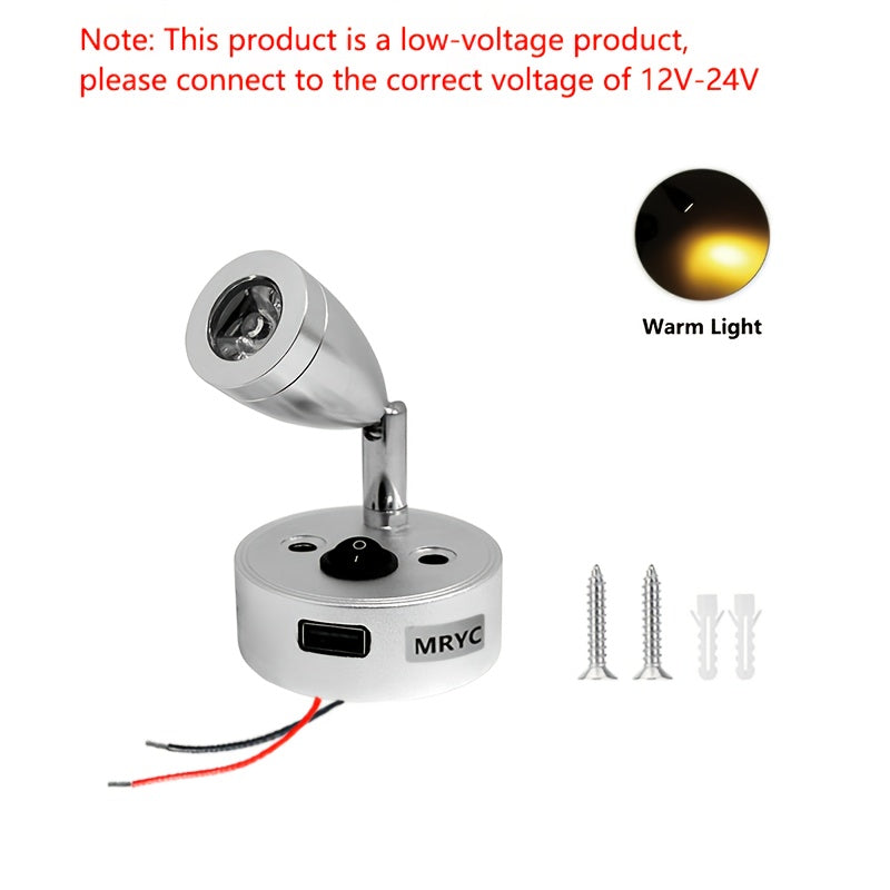 1pc RV reading light rotatable LED spotlight, with push button switch, suitable for camper van, station wagon, marine yacht indoor lighting fixture, bedside reading light, DC12-24V