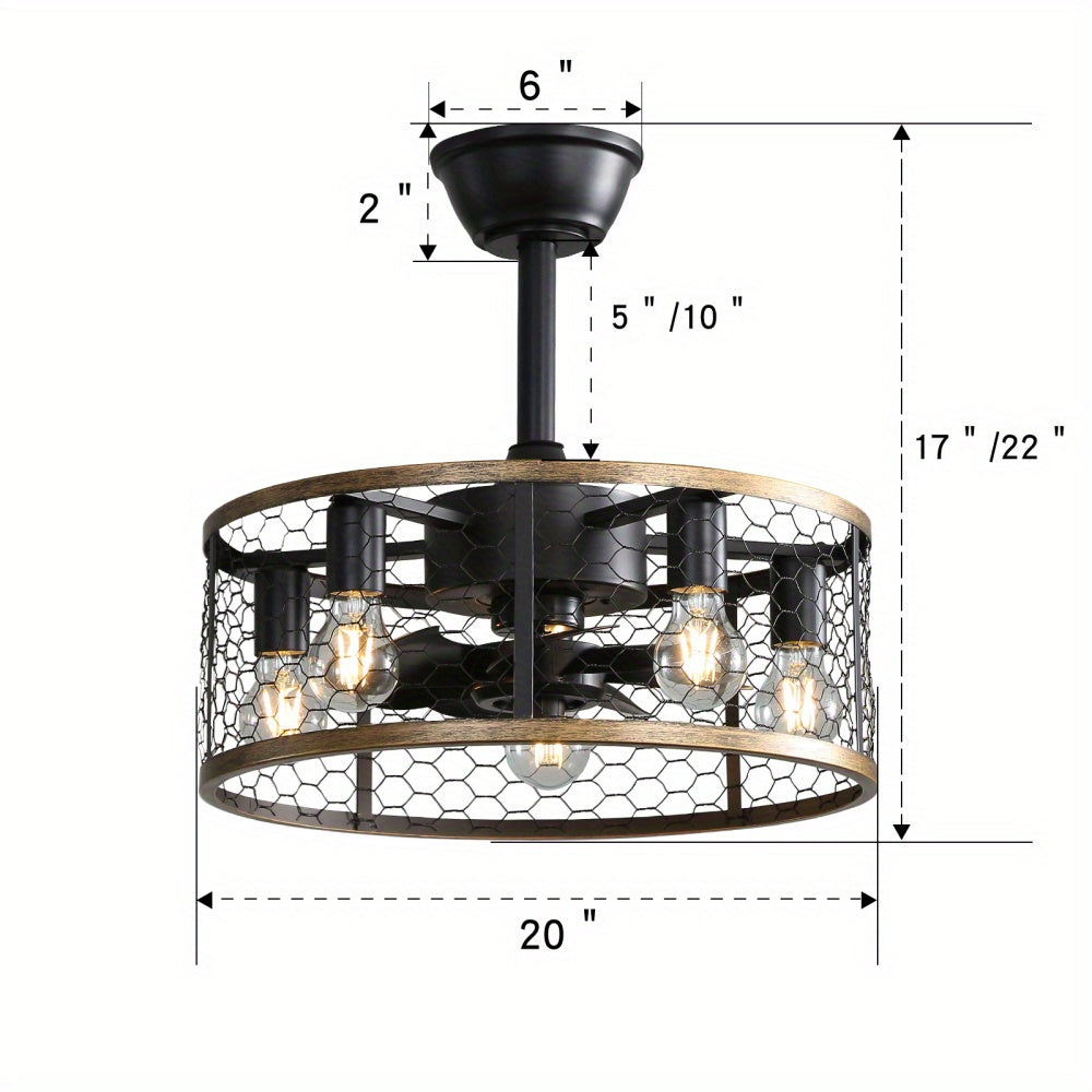Sofucor Mall 20" Compact Industrial Ceiling Fan, 7 ABS Blades, 5 E26 Bulbs, Remote Control, Reversible DC Motor Ceiling Fan