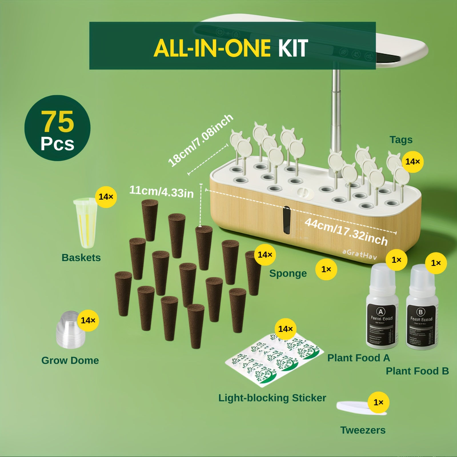 75Pcs Hydroponic Gardening Kit with LED Grow Light, 14 Plants 1.32Gallon/5L Water Tank Quiet Pump, 3 Smart Light Modes & Timer, for Herbs Vegetables Flowers, Perfect Gardening Gift