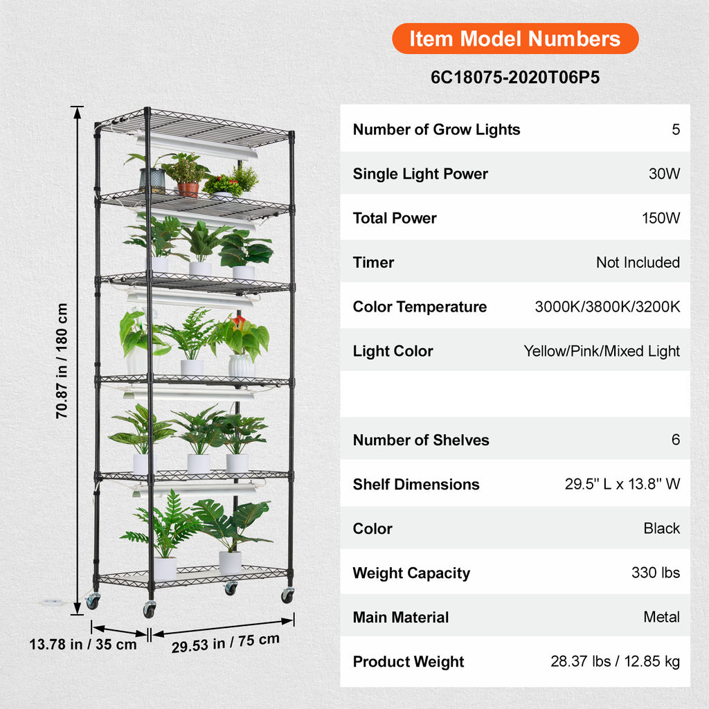 VEVOR Plant Stand with Grow Light, 6 Tiers, 150W, 70.9" Tall Plant Grow Shelf