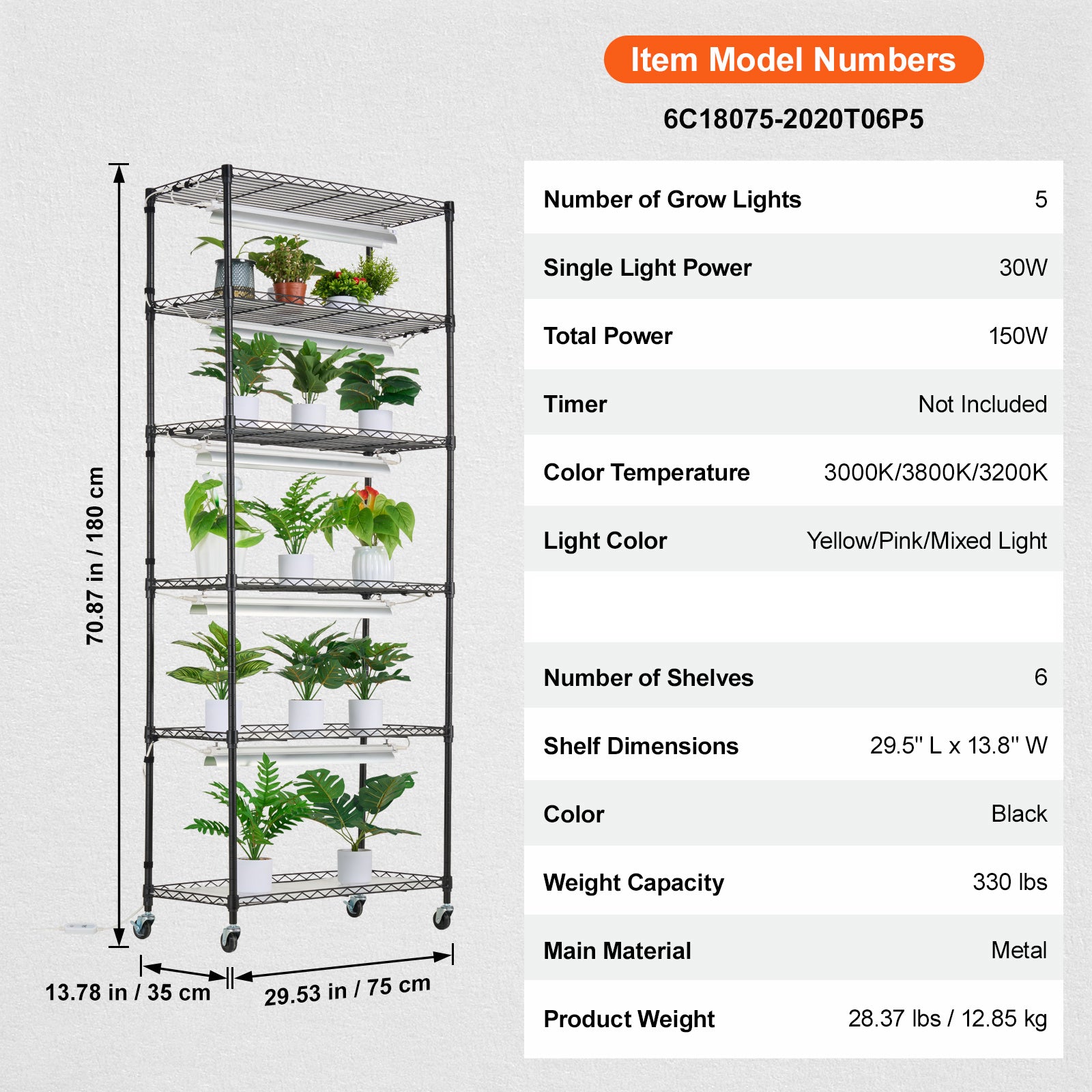 VEVOR Plant Stand with Grow Light, 6 Tiers, 150W, 70.9" Tall Plant Grow Shelf