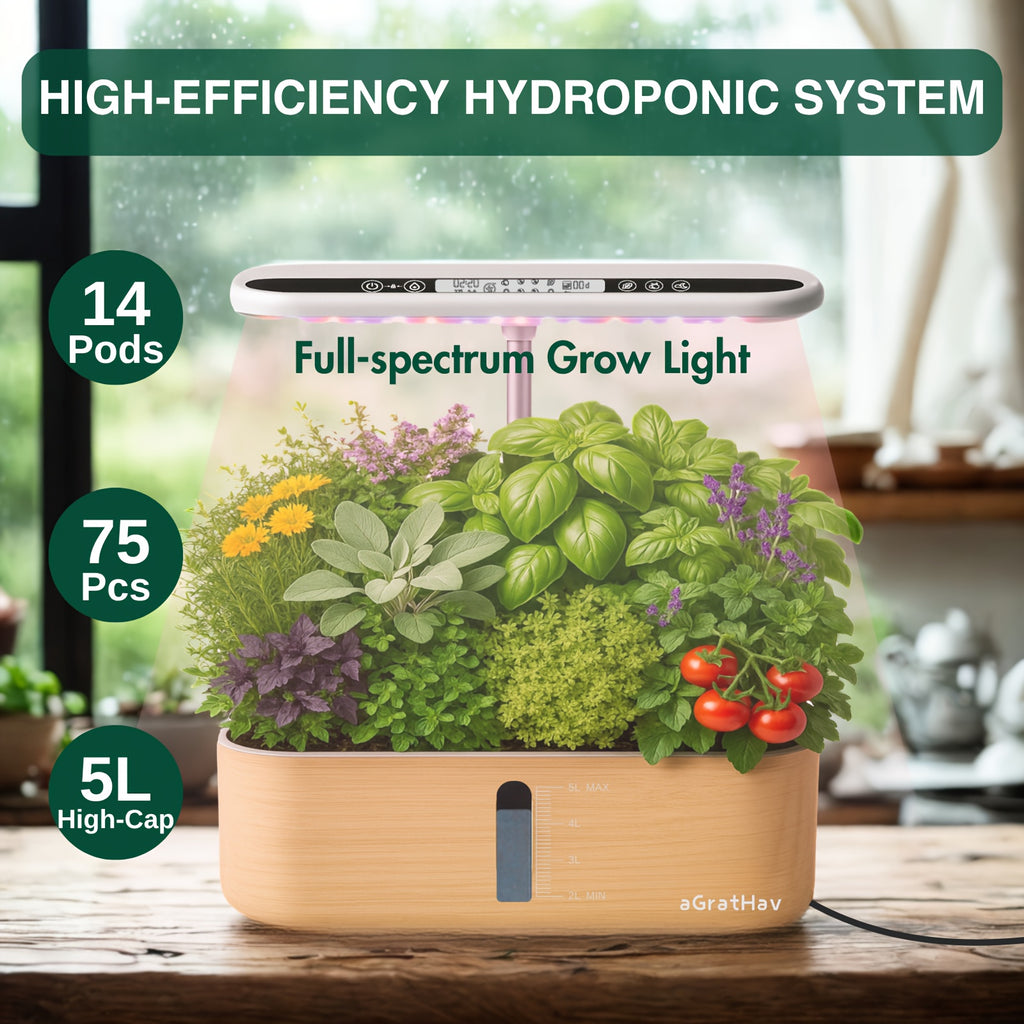 75Pcs Hydroponic Gardening Kit with LED Grow Light, 14 Plants 1.32Gallon/5L Water Tank Quiet Pump, 3 Smart Light Modes & Timer, for Herbs Vegetables Flowers, Perfect Gardening Gift