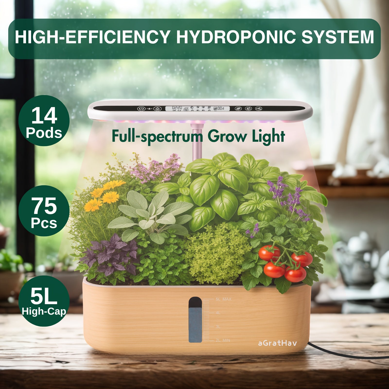 75Pcs Hydroponic Gardening Kit with LED Grow Light, 14 Plants 1.32Gallon/5L Water Tank Quiet Pump, 3 Smart Light Modes & Timer, for Herbs Vegetables Flowers, Perfect Gardening Gift